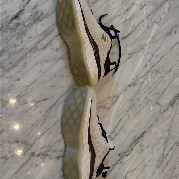 CHANEL Beige and Black Suede Low-Top Sneakers with Gold CC Accent - Picture 9 of 12